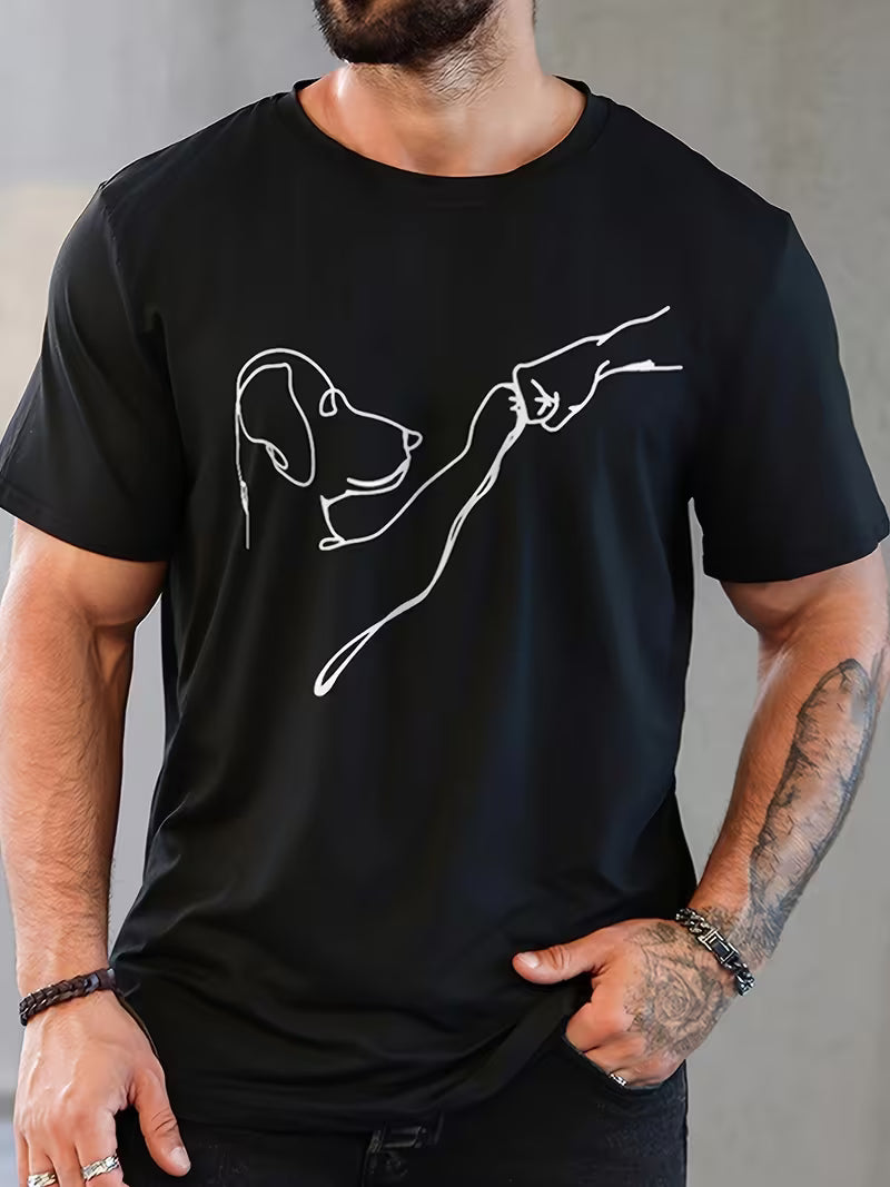 Men'S Funny Dog & Human Hand Graphic T-Shirt - Minimalist White Line Drawing on Black Tee, Casual Round Neck Short Sleeve, All-Season Comfort Fit for Casual Attire, Dog T Shirt, Comfortable Clothing, Playful Design, Durable Print, Soft Material