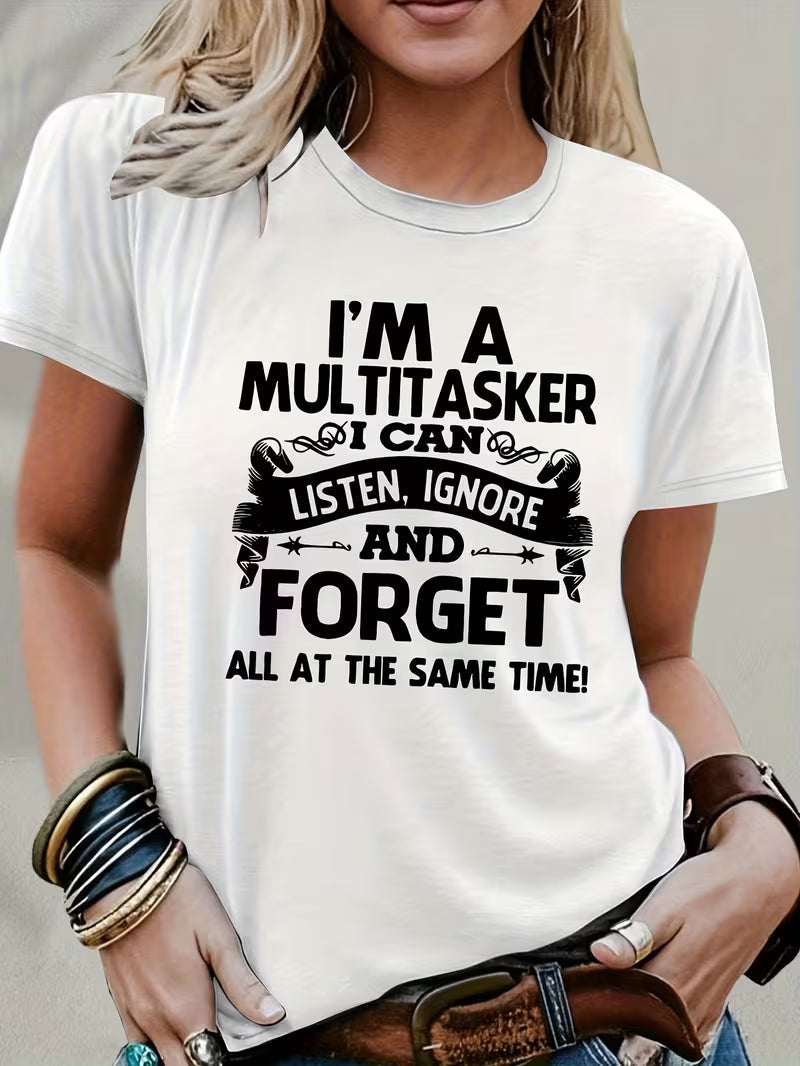 Women's Funny Multi-Task Slogan T-Shirt - Black & White Short Sleeve Round Neck Tee with Humorous Lettering, Machine Washable Casual Top for Spring Summer Fall
