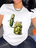 Women's White 100% Cotton Loose Fit T-Shirt with Cartoon Pickle & Dill Pickle Jar Graphic Print - Breathable Round Neck Short Sleeve Top for Casual Summer Wear, Machine Washable, Everyday Comfort Tee | Comfortable Tee