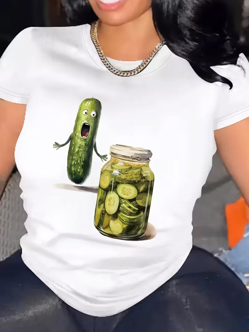 Women's White 100% Cotton Loose Fit T-Shirt with Cartoon Pickle & Dill Pickle Jar Graphic Print - Breathable Round Neck Short Sleeve Top for Casual Summer Wear, Machine Washable, Everyday Comfort Tee | Comfortable Tee