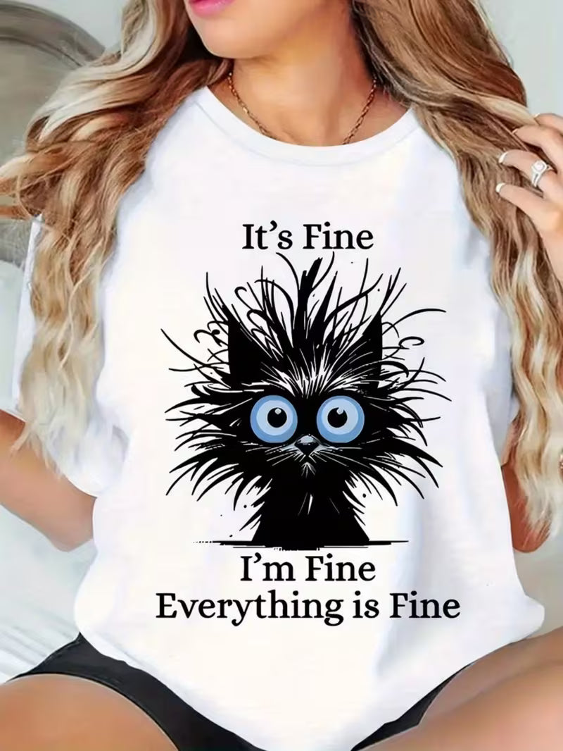 Women's Anime Graphic Cotton T-Shirt - "It's Fine I'm Fine Everything Is Fine" Print with Cartoon Character, Soft Round Neck Casual Tee for Summer Parties & Casual Attire, Machine Washable, Summer Party Apparel, Playful Design, Breathable Fabric