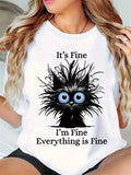 Women's Anime Graphic Cotton T-Shirt - "It's Fine I'm Fine Everything Is Fine" Print with Cartoon Character, Soft Round Neck Casual Tee for Summer Parties & Casual Attire, Machine Washable, Summer Party Apparel, Playful Design, Breathable Fabric