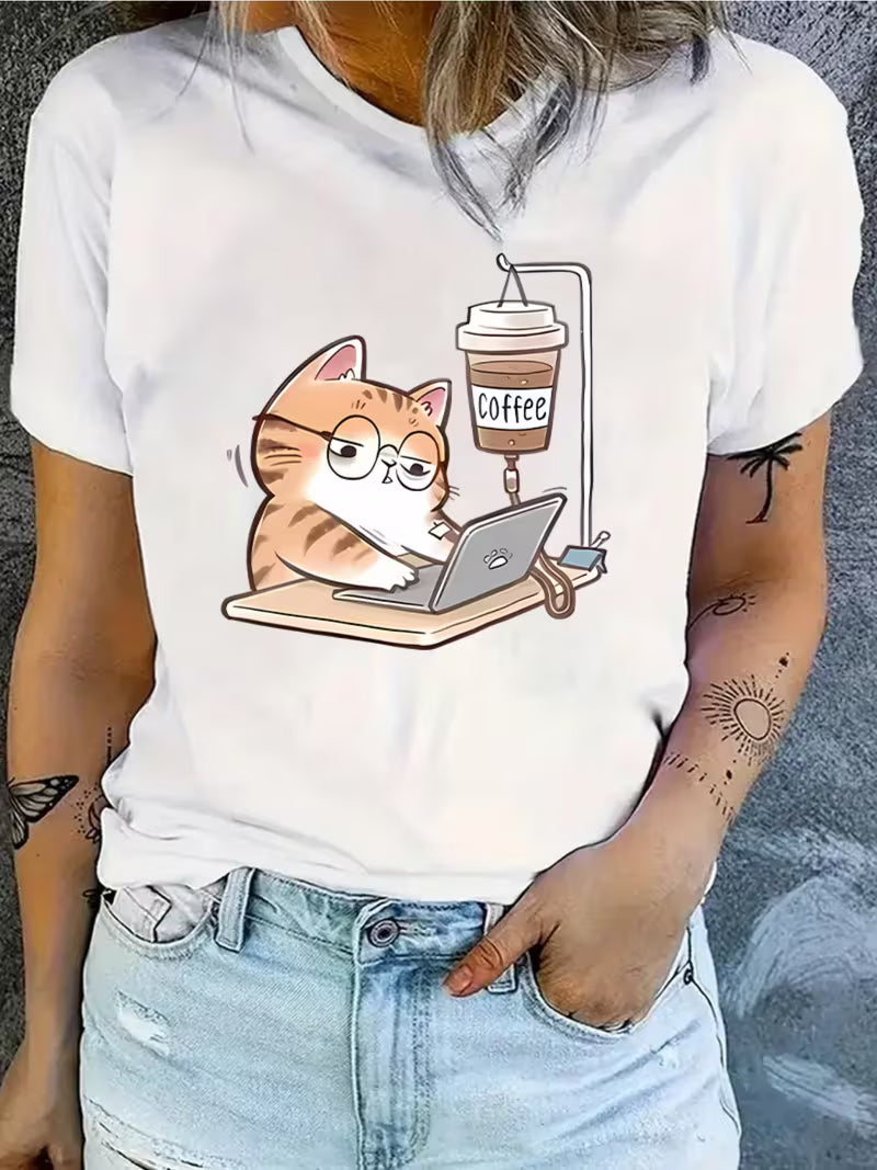 Women'S Casual Crew Neck T-Shirt with Cartoon Cat Working on Laptop Print, 95% Polyester 5% Spandex Knit Fabric, Slight Stretch, All Season Fashion Top