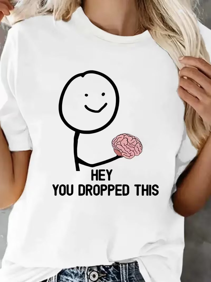 Women's Black Cotton Graphic T-Shirt with "HEY YOU DROPPED THIS" Cartoon Print - Loose Fit Round Neck Short Sleeve Tee for Casual Summer Outfits & Parties, Ladies T Shirts, Everyday Comfort