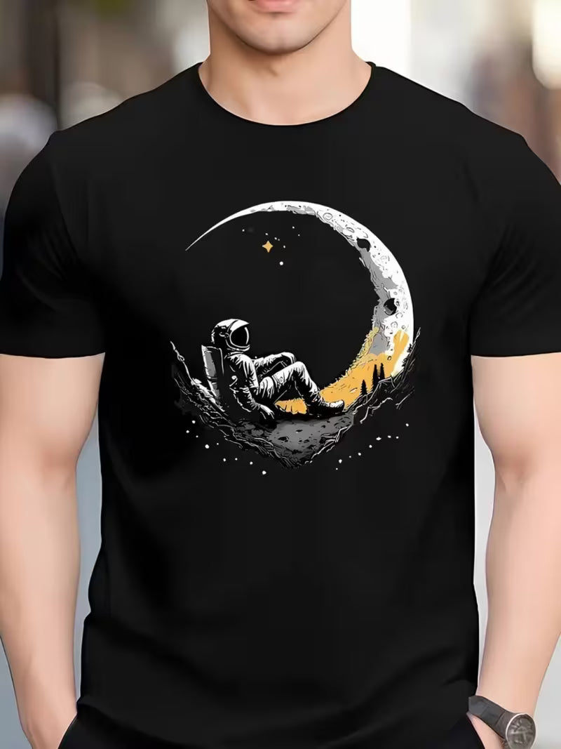 Men's Black Graphic T-Shirt - Astronaut Moon Print Space Theme Shirt | Breathable Cotton Tee for Everyday & Formal Events | Machine Washable Casual Top, Versatile Clothing, Modern Aesthetic, Durable Construction, Short Sleeve Shirt, Trendy Apparel