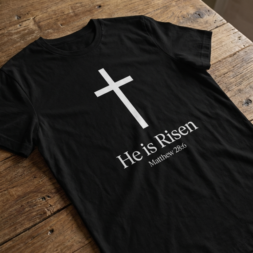 Black t-shirt with a white cross and 'He is Risen' text on a wooden surface