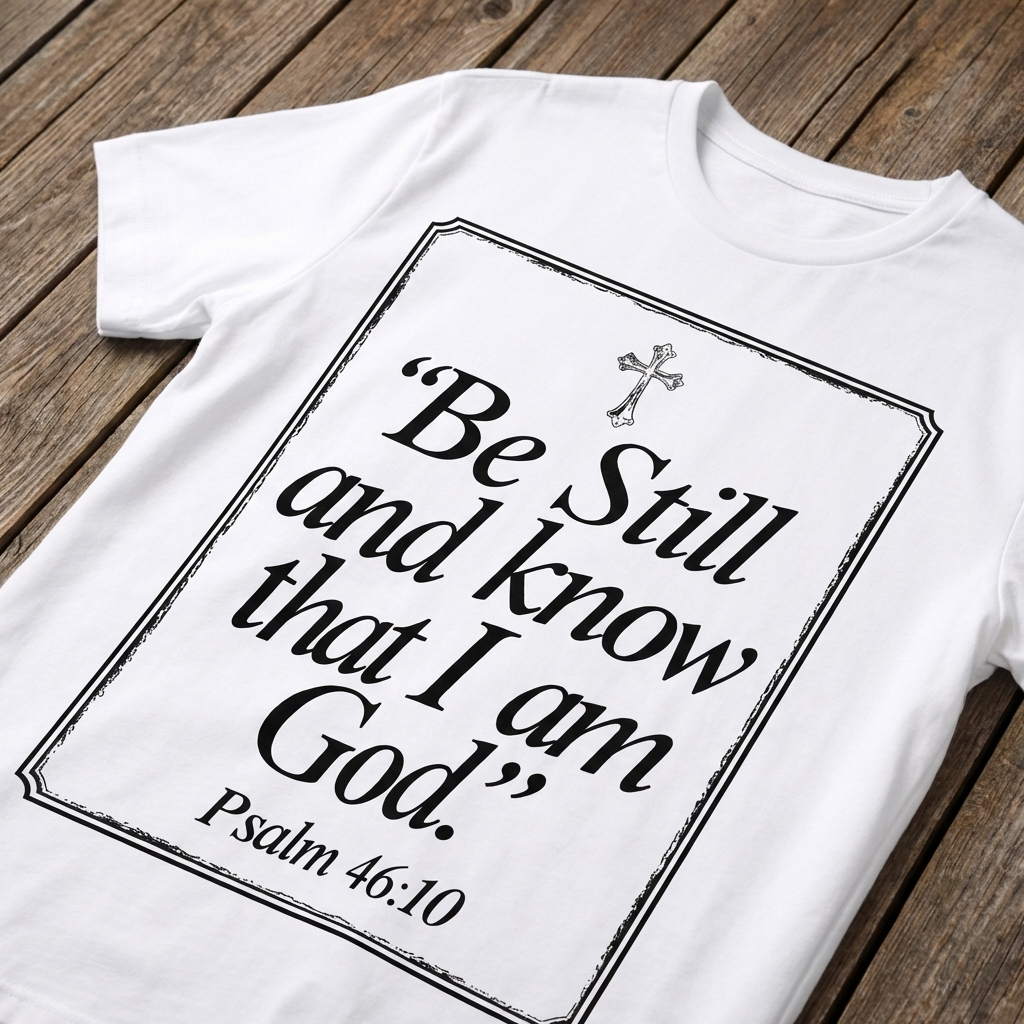 White t-shirt with 'Be Still and know that I am God' text on a wooden surface