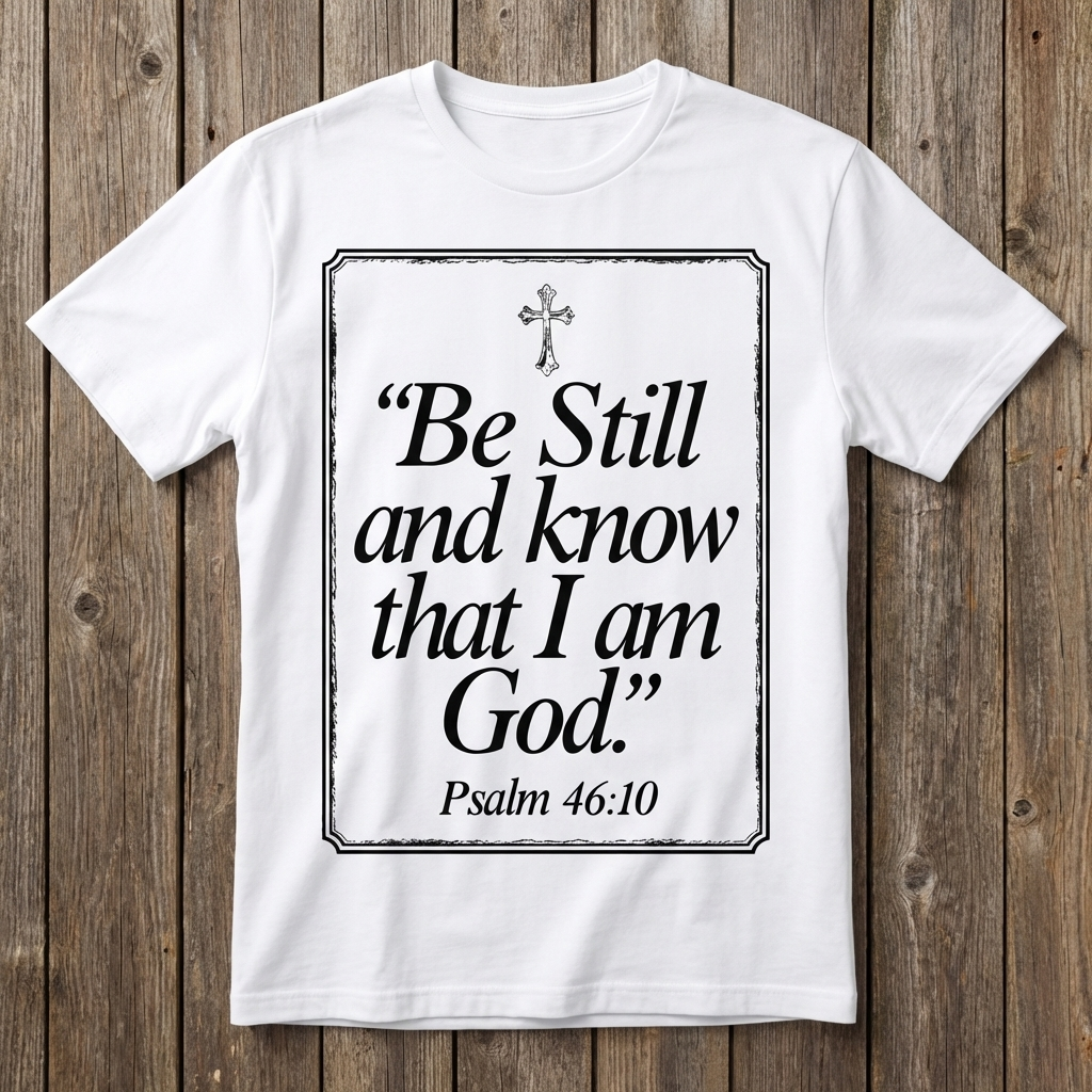 White t-shirt with 'Be Still and know that I am God' text on a wooden background
