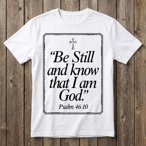 White t-shirt with 'Be Still and know that I am God' text on a wooden background