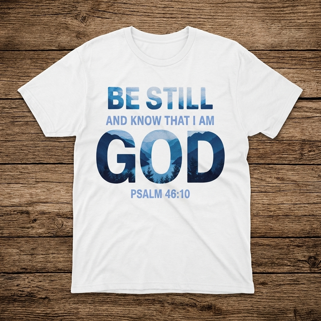 White t-shirt with 'Be Still and Know That I Am God' text on a wooden surface