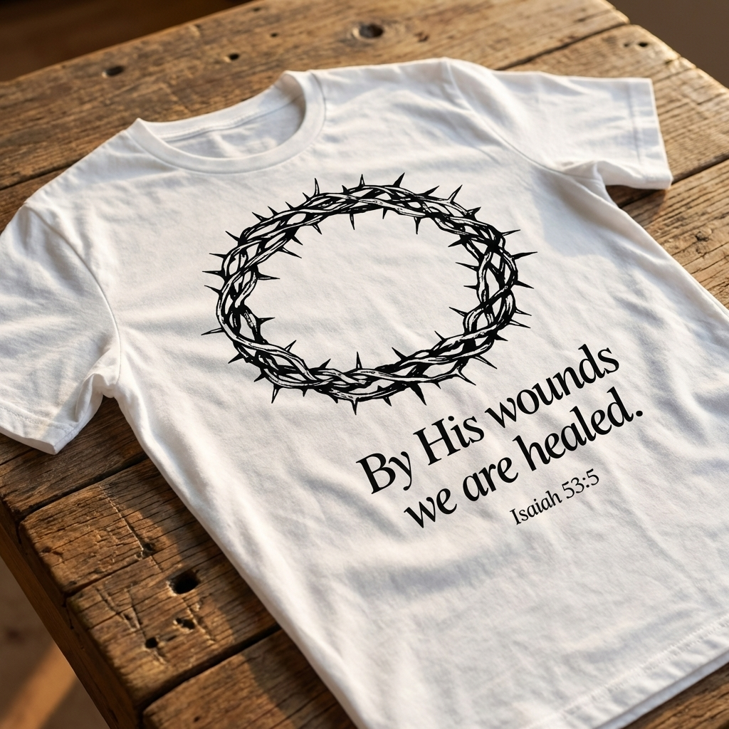 White t-shirt with a black crown of thorns and text on a wooden surface