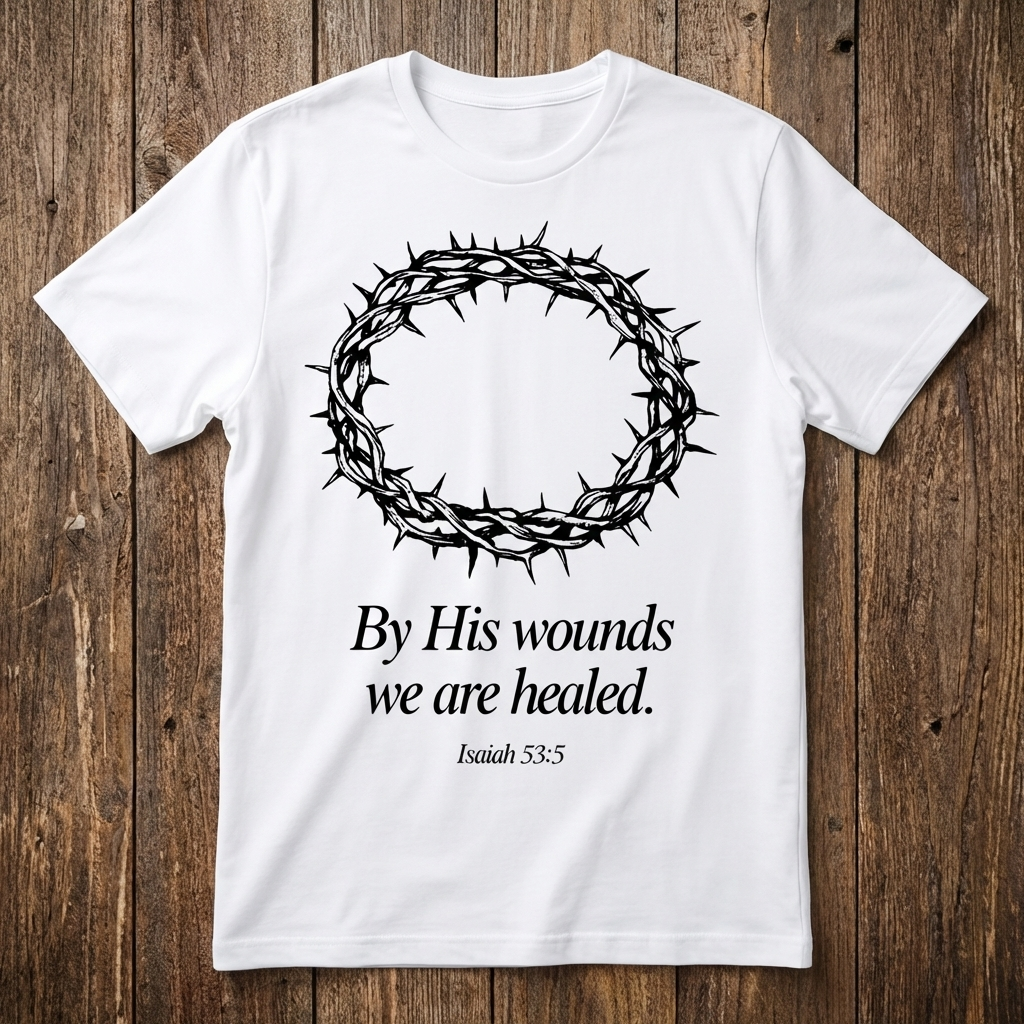 White t-shirt with a crown of thorns and text on a wooden background