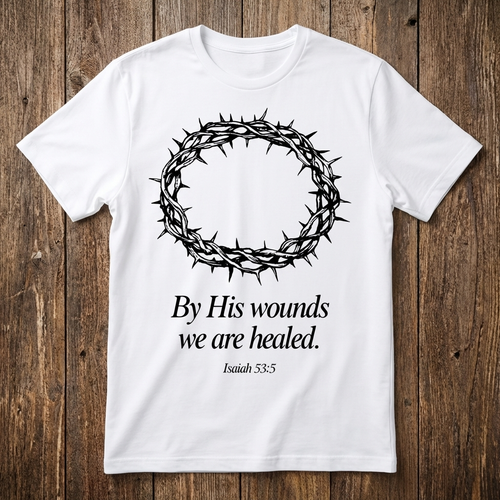 White t-shirt with a crown of thorns and text on a wooden background