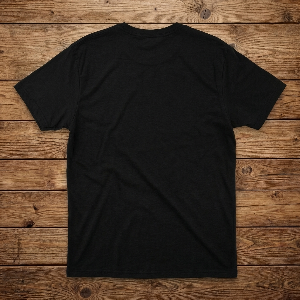 Black t-shirt on a wooden surface