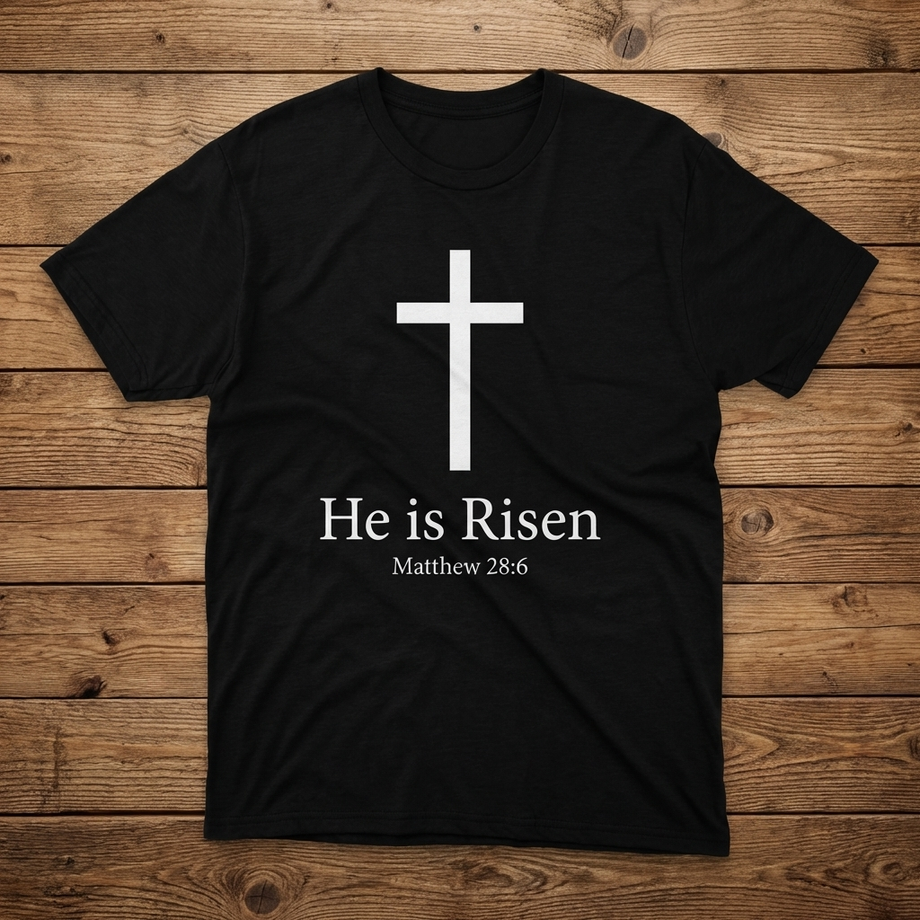 Black t-shirt with a white cross and 'He is Risen' text on a wooden surface