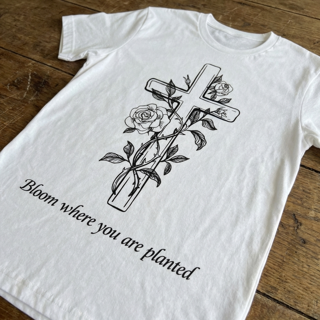 White t-shirt with black floral design and text on a wooden surface