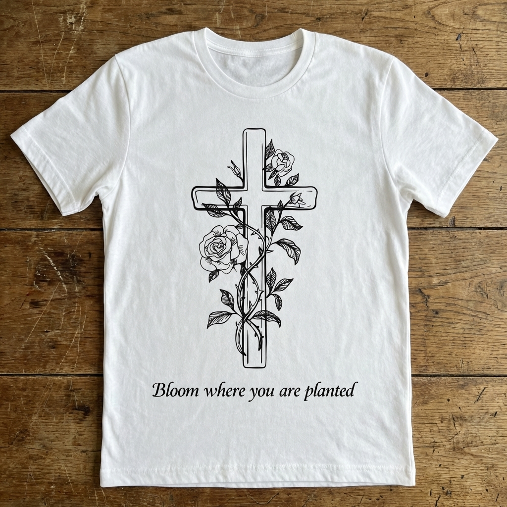 White t-shirt with a cross and floral design on a wooden surface