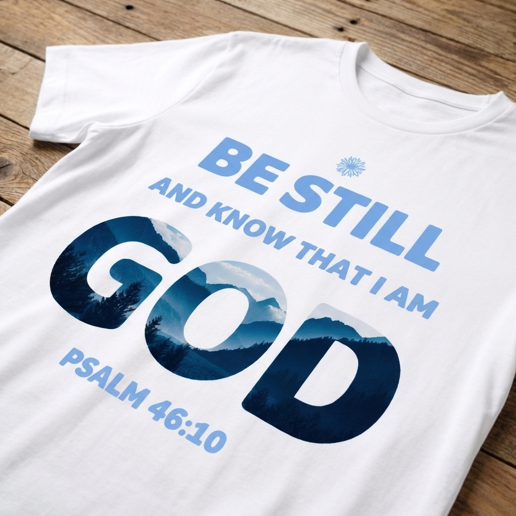 White t-shirt with blue and black text on a wooden surface