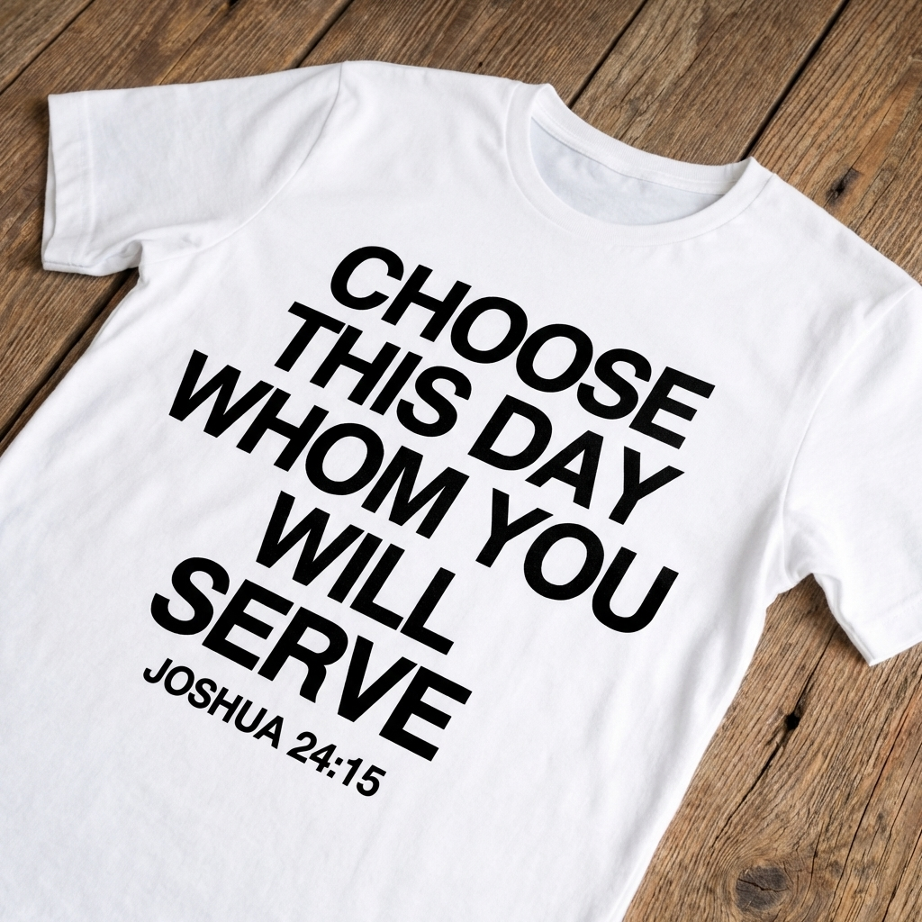 White t-shirt with black text on a wooden surface