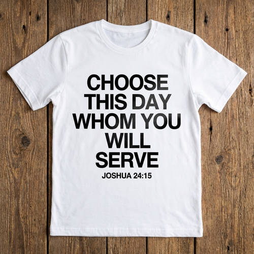 White t-shirt with black text on a wooden surface