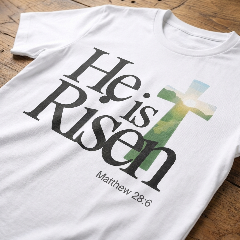 White t-shirt with 'He is Risen' text and cross graphic on a wooden surface