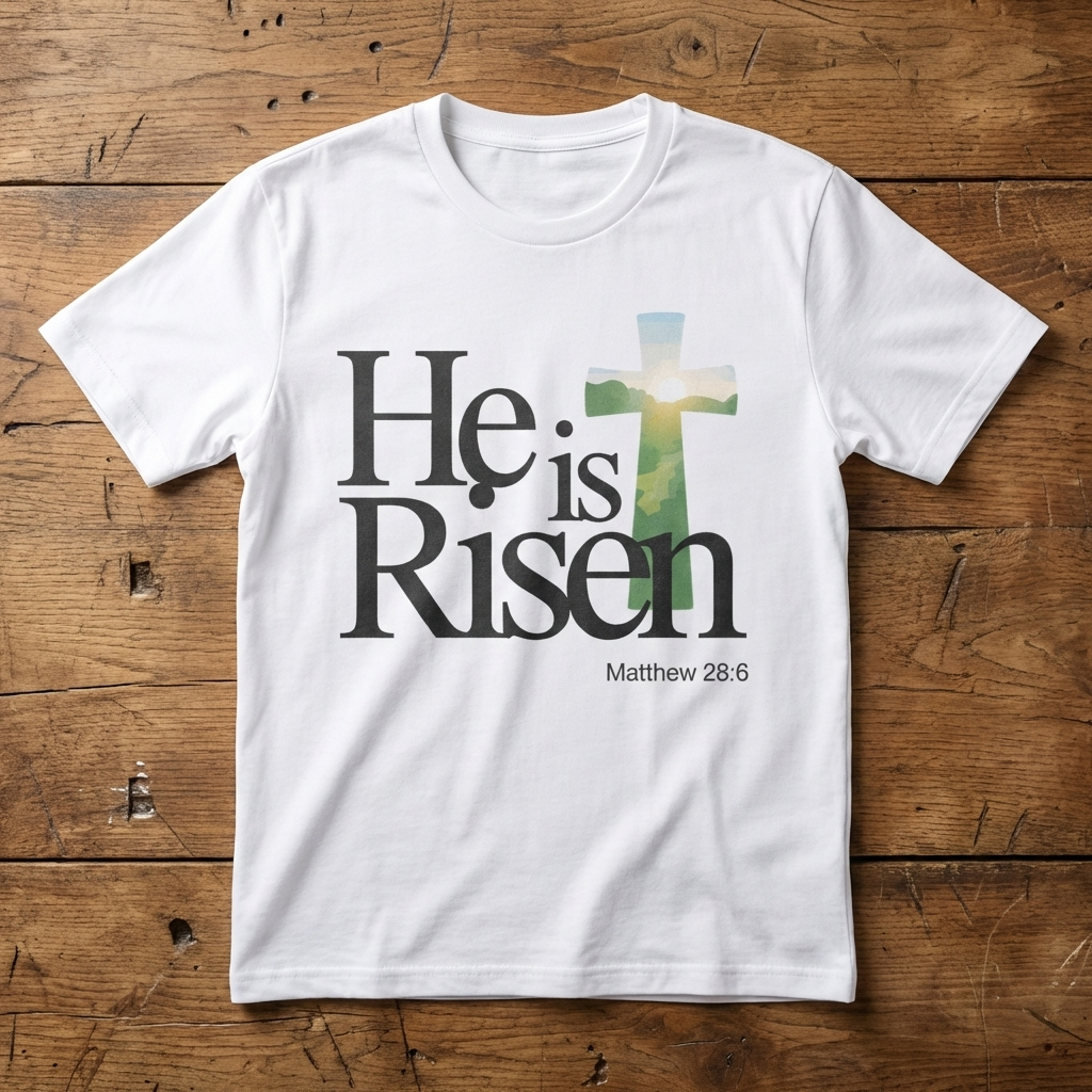 White t-shirt with 'He is Risen' text and cross design on a wooden surface