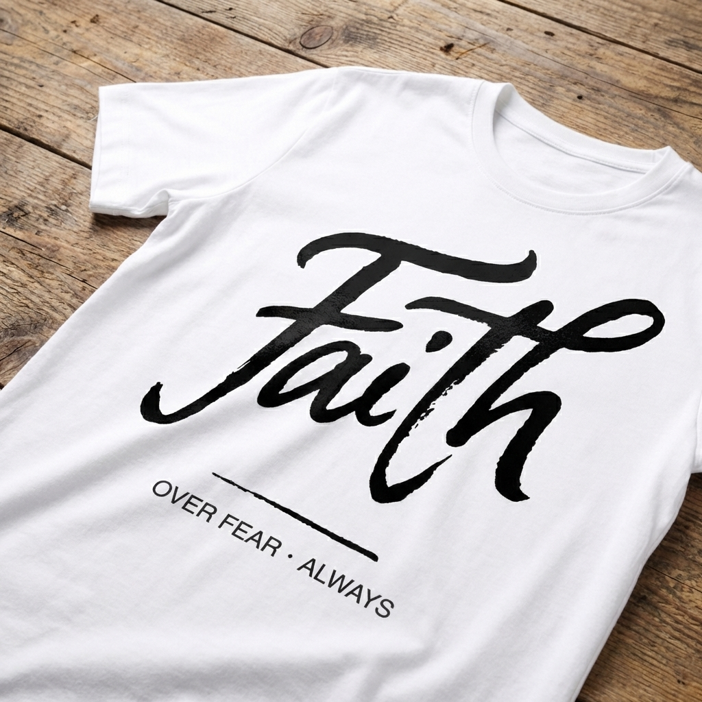 White t-shirt with 'Faith Over Fear Always' text on a wooden surface