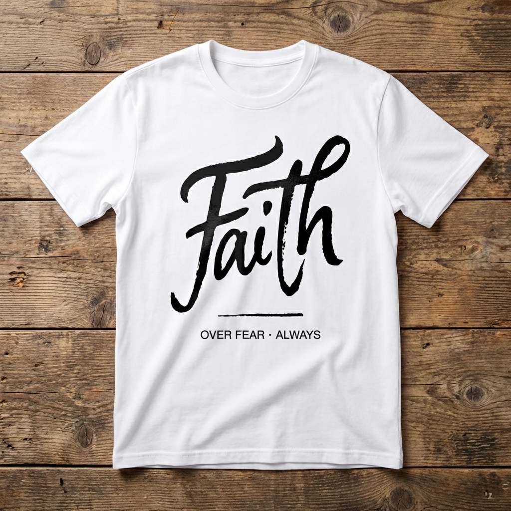White t-shirt with 'Faith Over Fear Always' text on a wooden surface