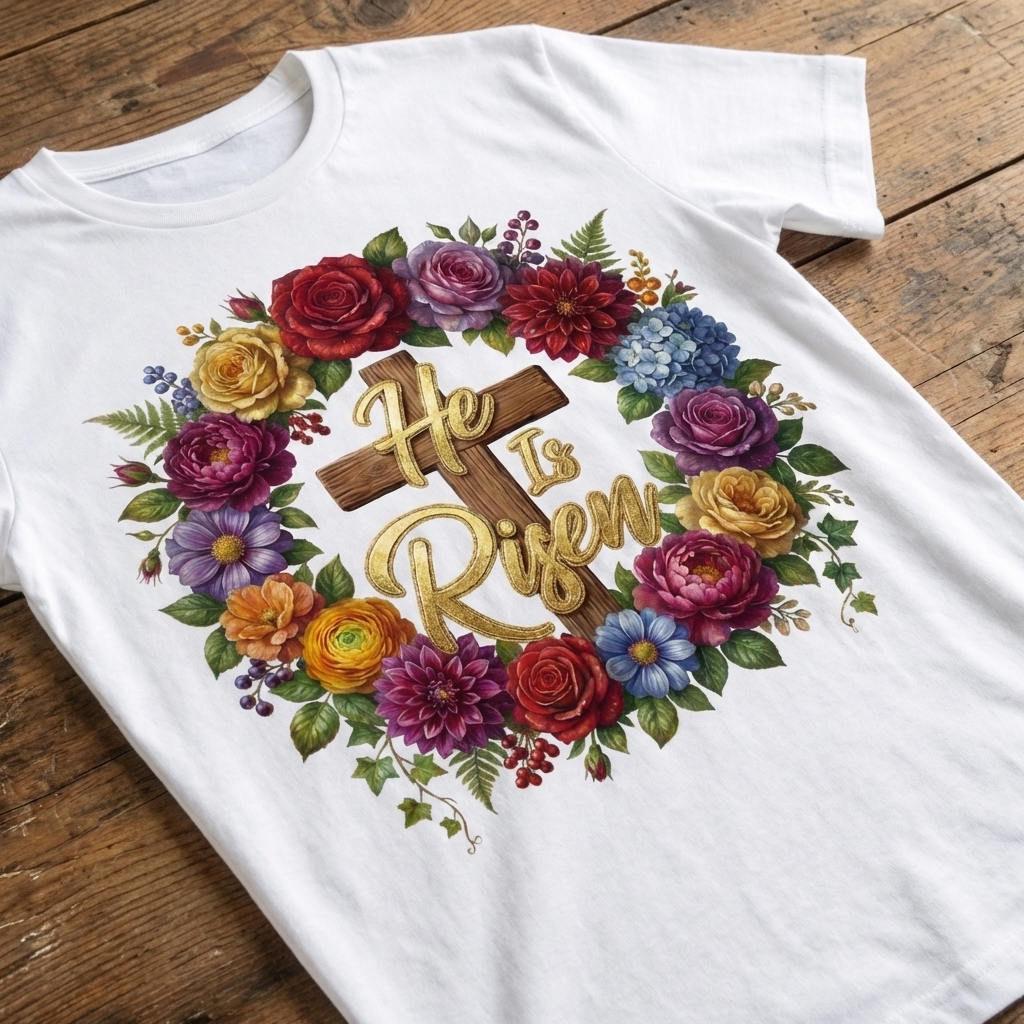 White t-shirt with floral design and 'He Is Risen' text on a wooden surface
