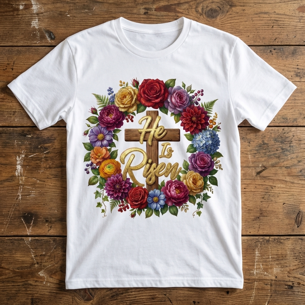 White t-shirt with 'He Is Risen' design featuring a cross and flowers on a wooden surface