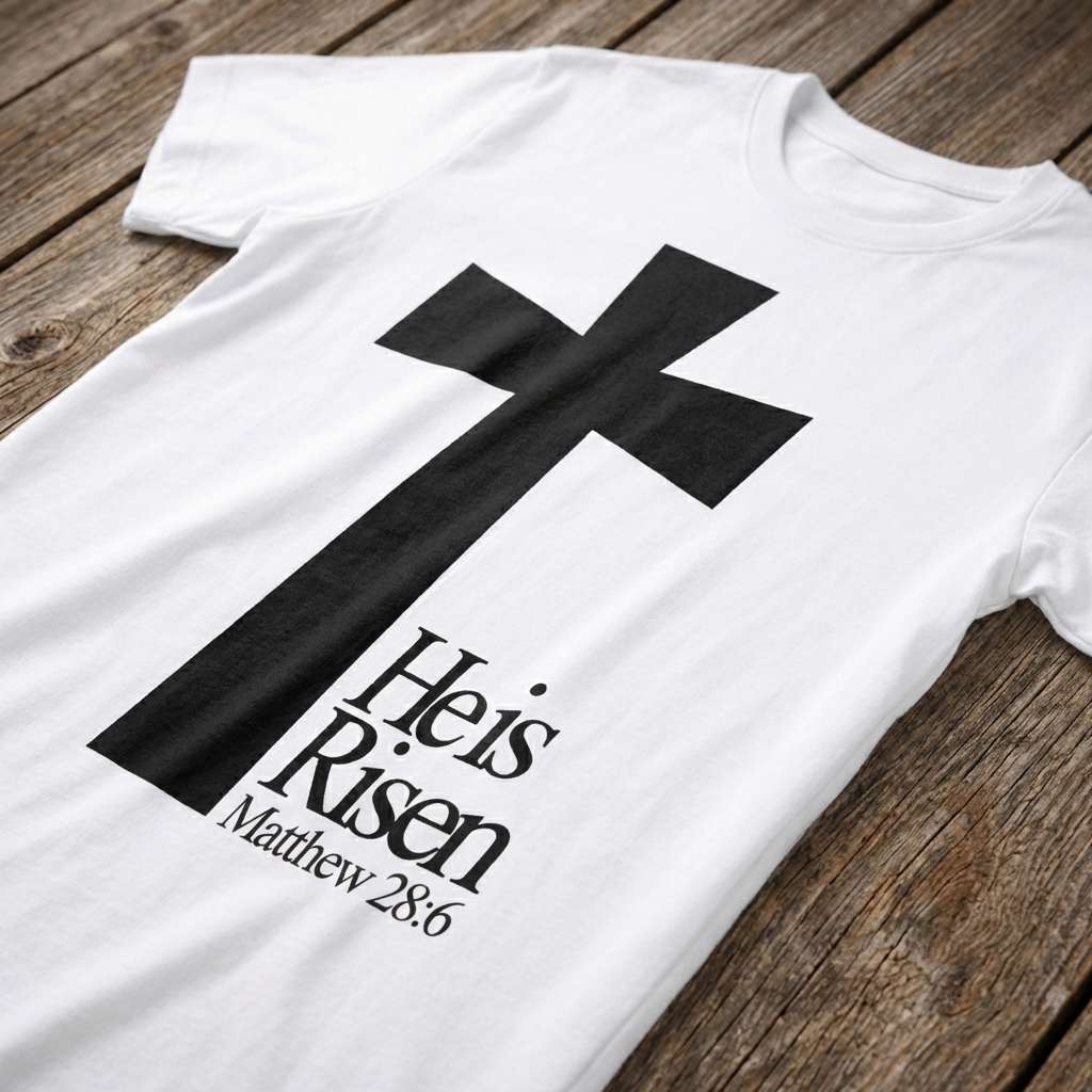 White t-shirt with black cross and 'He is Risen' text on a wooden surface