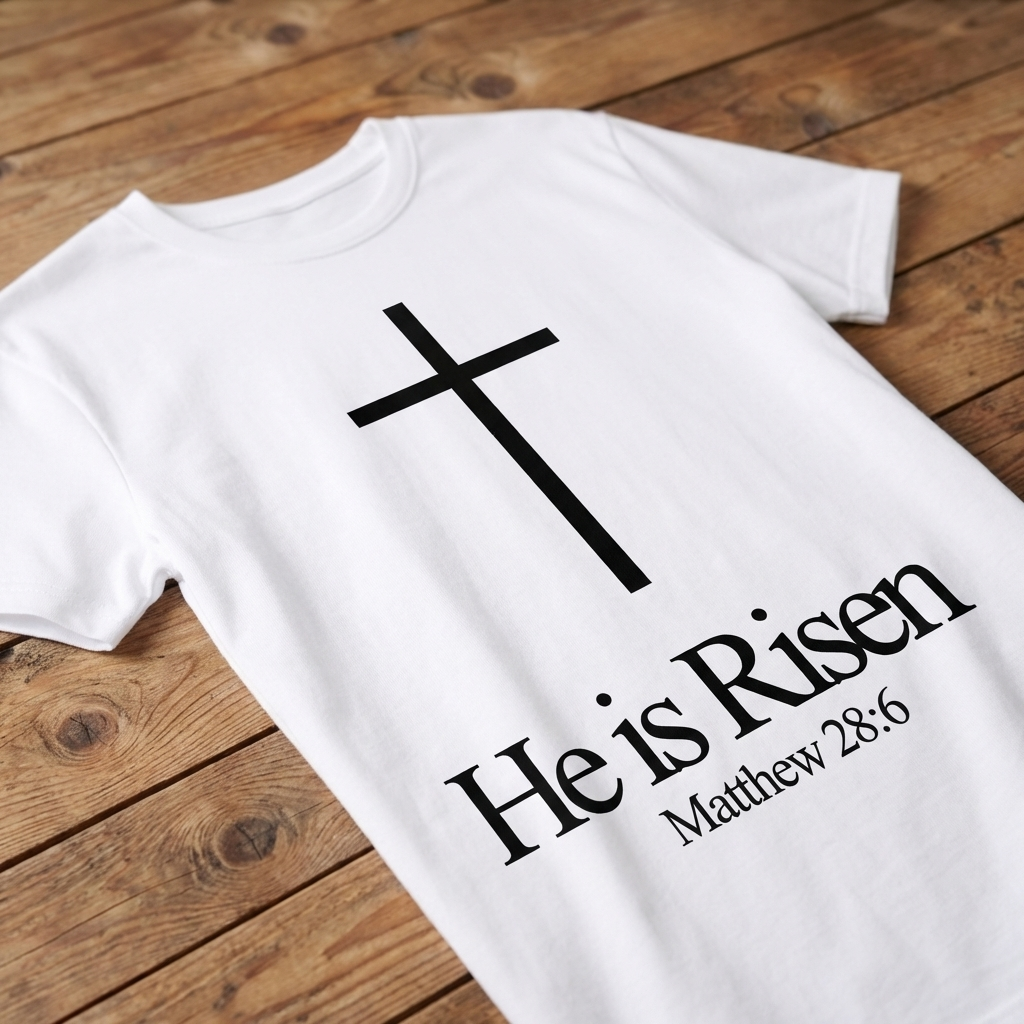 White t-shirt with a black cross and 'He is Risen' text on a wooden surface