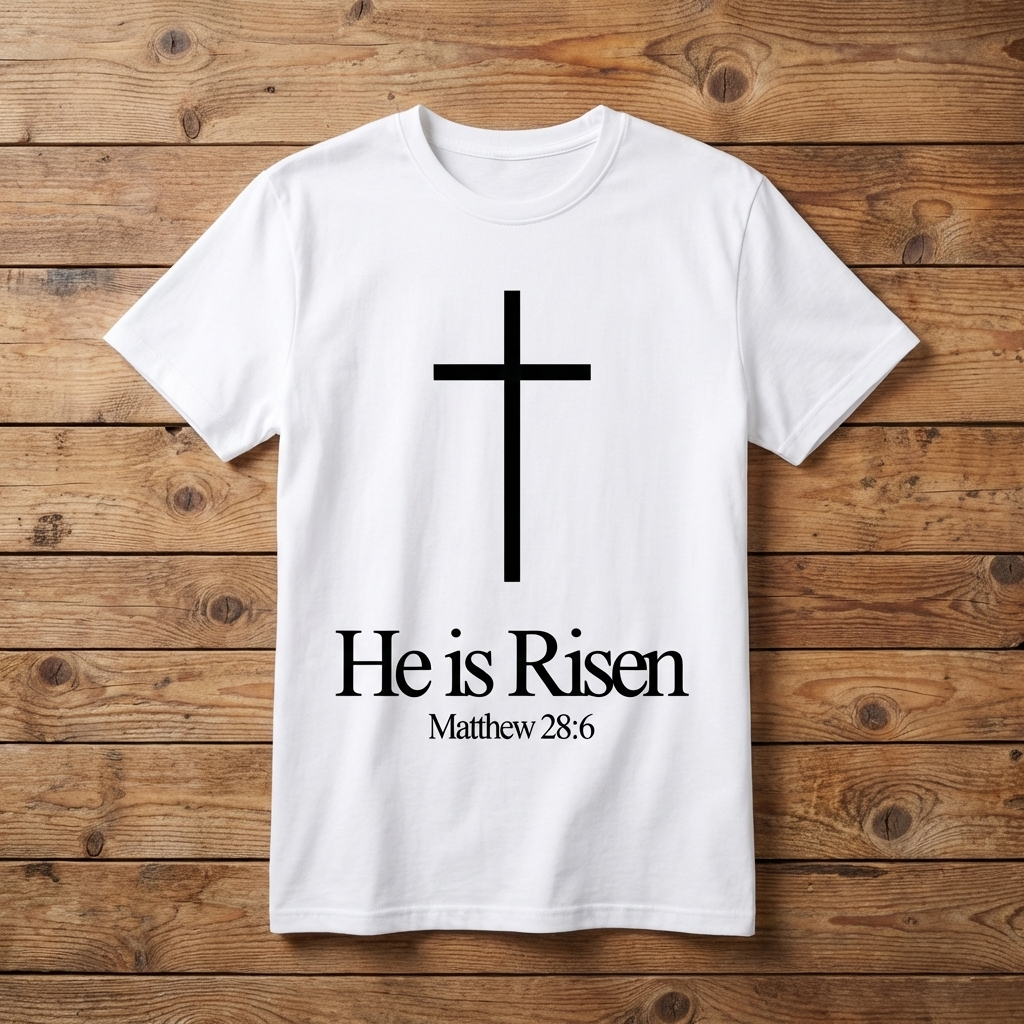 White t-shirt with a black cross and 'He is Risen' text on a wooden background