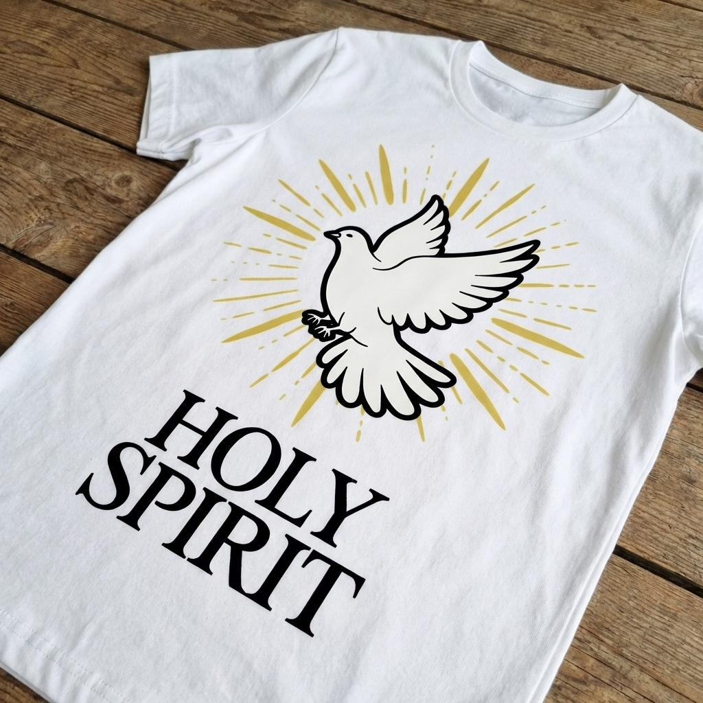 White t-shirt with a dove graphic and 'Holy Spirit' text on a wooden surface
