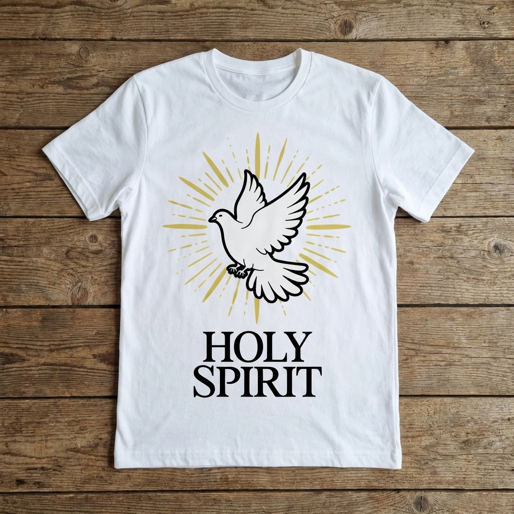 White t-shirt with a dove graphic and 'HOLY SPIRIT' text on a wooden surface