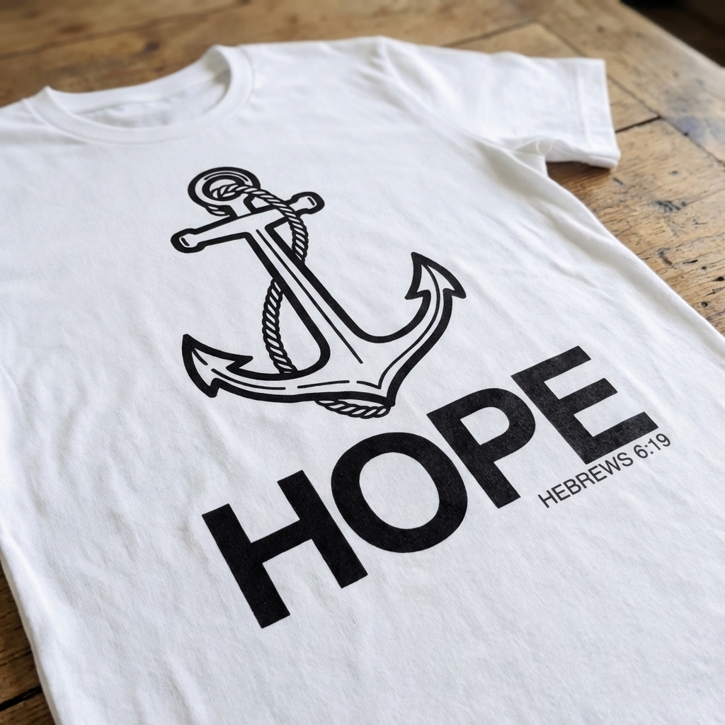 White t-shirt with black anchor and 'HOPE' text on a wooden surface