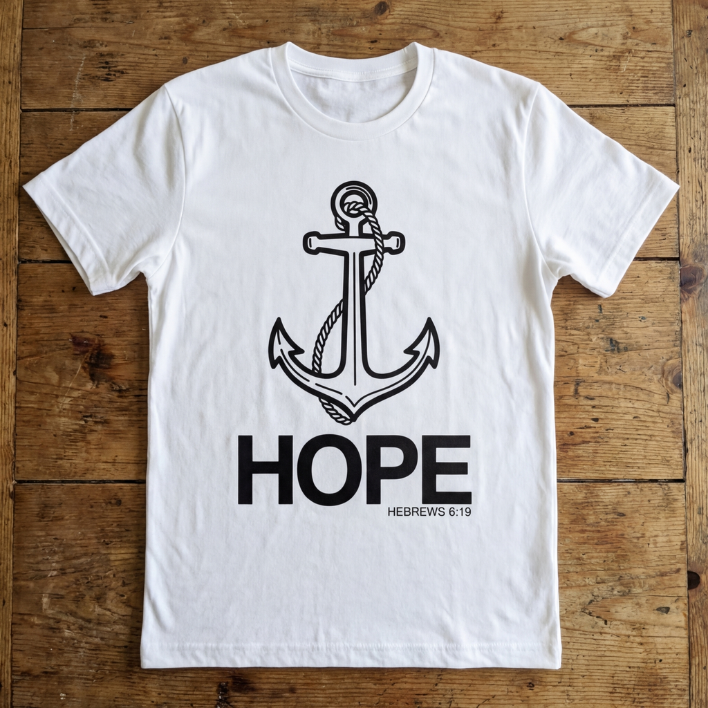 White t-shirt with anchor and 'HOPE' text on a wooden surface