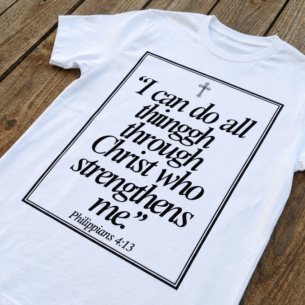 White t-shirt with black text on a wooden surface