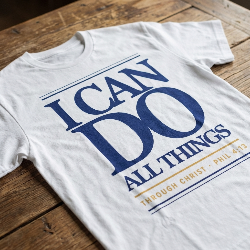 White t-shirt with motivational quote on a wooden surface