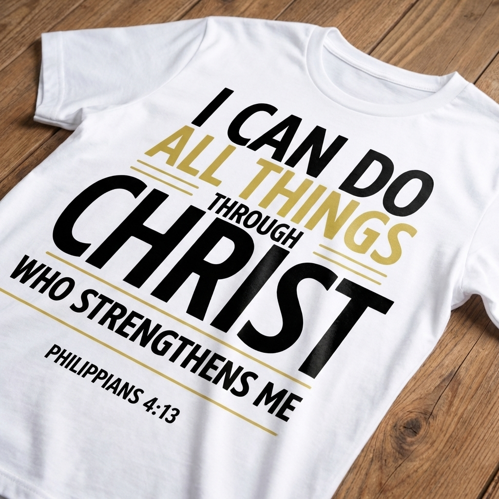 White t-shirt with motivational quote on a wooden surface