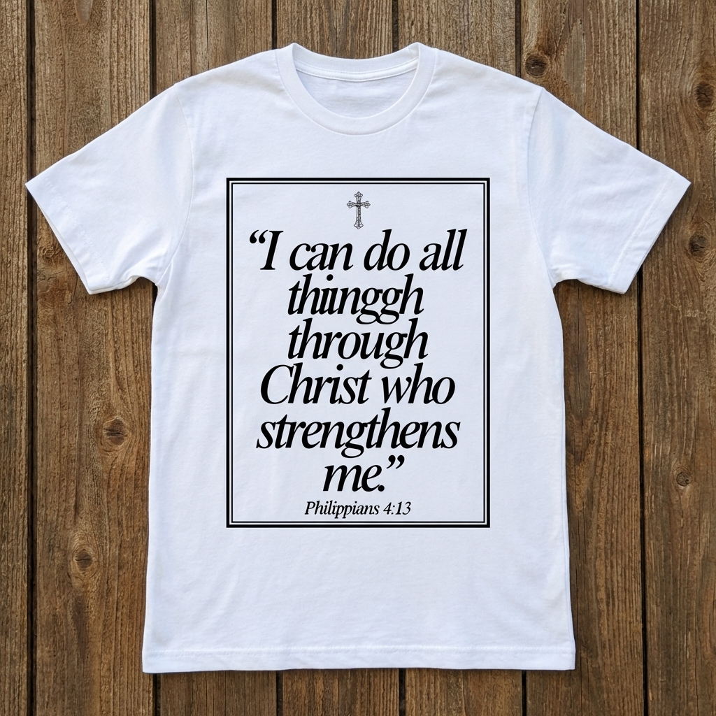 White t-shirt with black text and cross on a wooden background