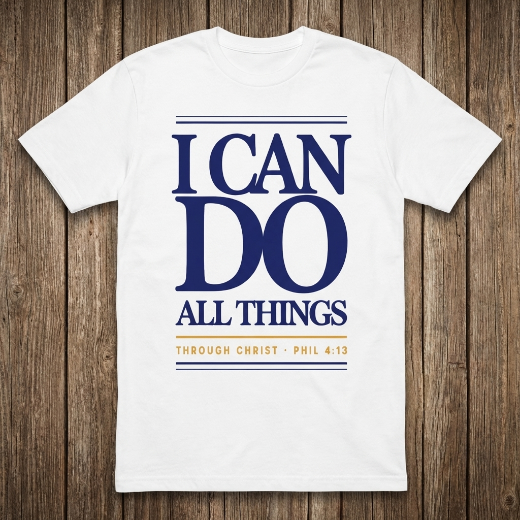 White t-shirt with motivational quote on a wooden surface