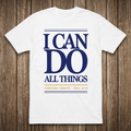 White t-shirt with motivational quote on a wooden surface
