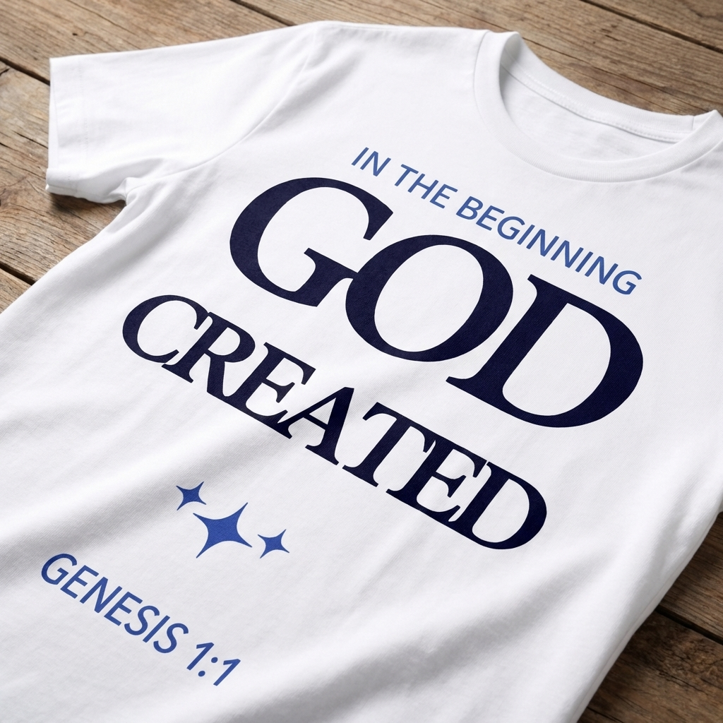 White t-shirt with 'In the beginning God created Genesis 1:1' text on a wooden surface
