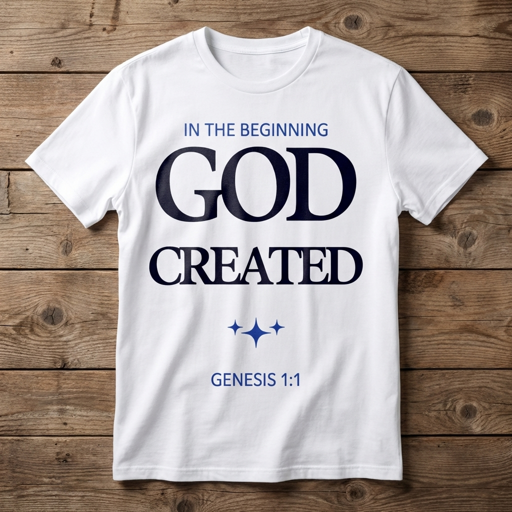 White t-shirt with 'In the Beginning God Created Genesis 1:1' text on a wooden background