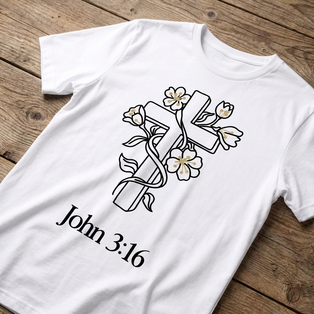 White t-shirt with 'John 3:16' design on a wooden surface
