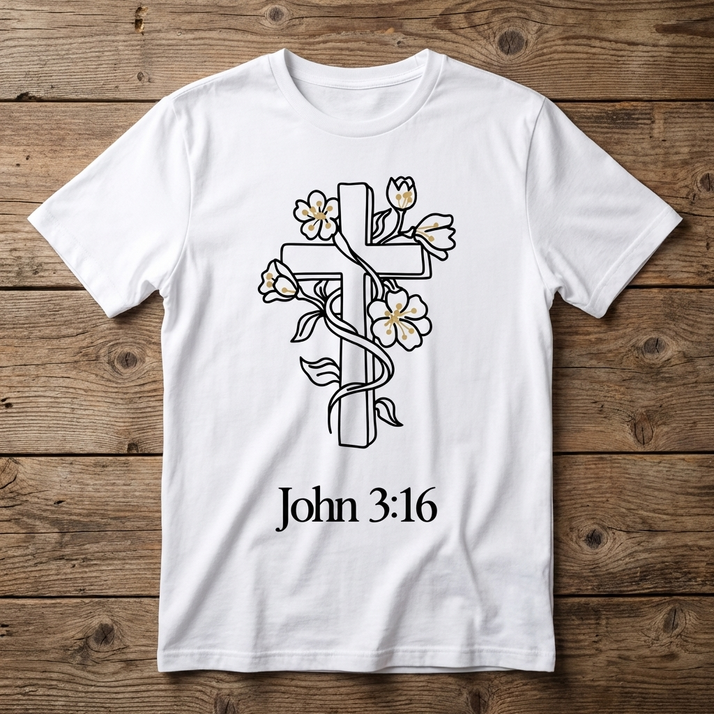 White t-shirt with a cross and flowers design and 'John 3:16' text on a wooden background