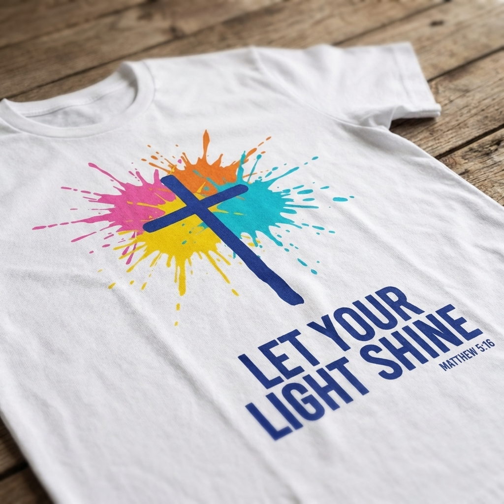 White t-shirt with colorful cross design and 'Let Your Light Shine' text on a wooden surface