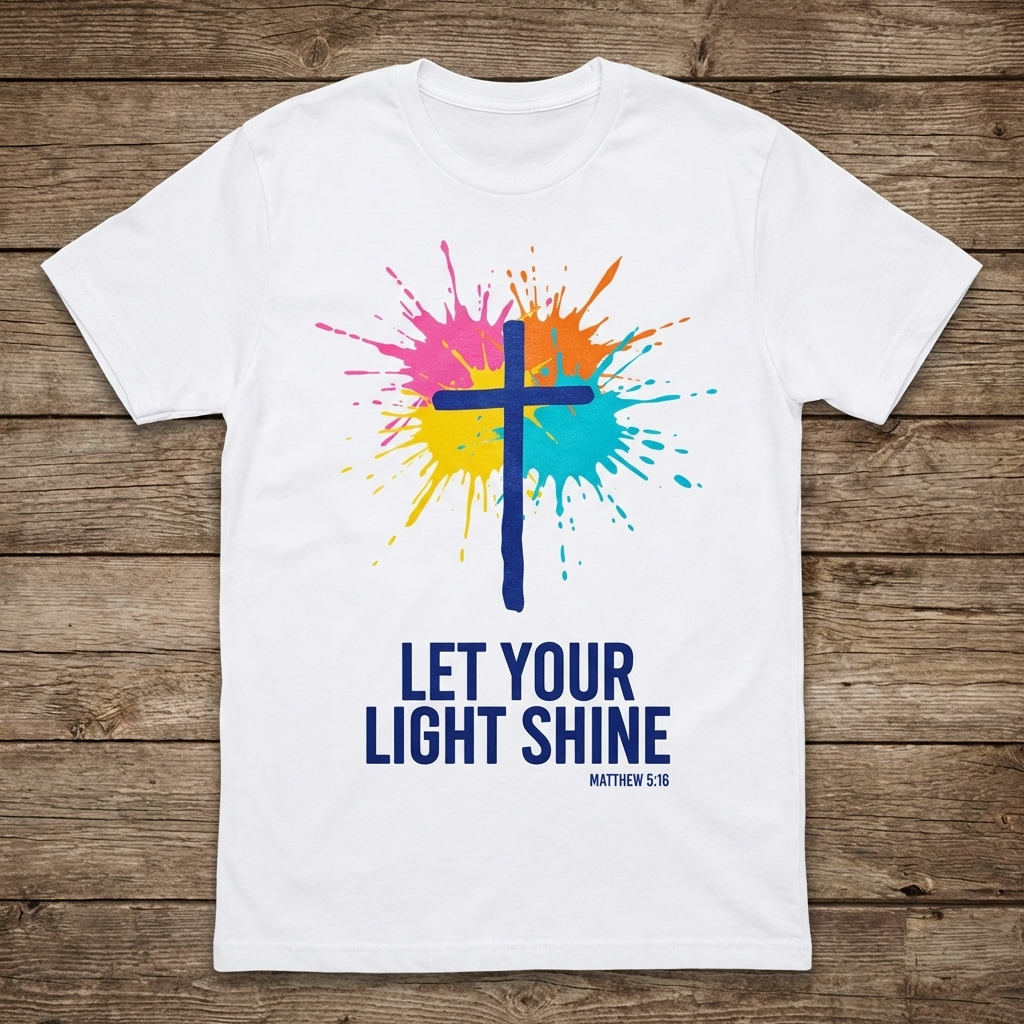White t-shirt with colorful cross design and 'Let Your Light Shine' text on a wooden surface