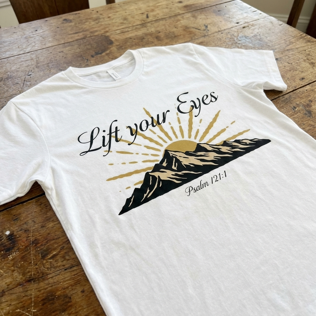 White t-shirt with mountain and sun design on a wooden table